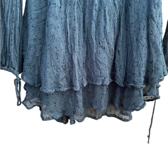 Free People Dahlia Deep Teal Clip Dot Peasant Drop Waist Mini Dress - Picture 5 of 7